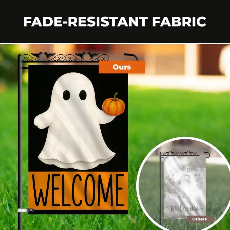KarvePro Welcome Halloween Garden Flag 12x18 – Spooky Double Sided Burlap Yard Flag for Outside with Ghost & Pumpkin – Weatherproof Fall Outdoor Decor - Image 5